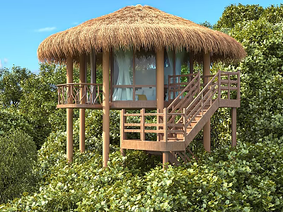 Elevated Rustic Wooden Hut With Thatched Roof Wooden Stairs Railing And Forest Trees 3d model