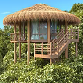 Elevated Rustic Wooden Hut With Thatched Roof Wooden Stairs Railing And Forest Trees