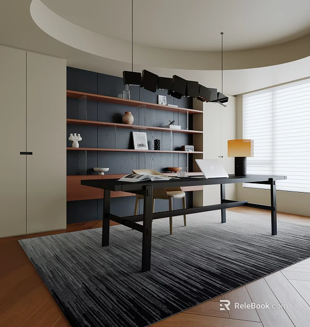 Modern Study Room Interior With Curved Walls Dark Shelves Black Desk Laptop And Gray Rug 3d model 