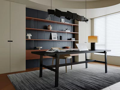 Modern Study Room Interior With Curved Walls Dark Shelves Black Desk Laptop And Gray Rug 3d model