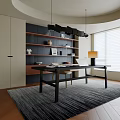 Modern Study Room Interior With Curved Walls Dark Shelves Black Desk Laptop And Gray Rug