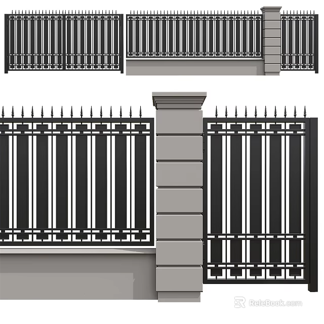 Modern Building Exterior Wall With Iron Railing Vertical Bars And Decorative Pillar Design 3d model 