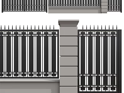 Modern Building Exterior Wall With Iron Railing Vertical Bars And Decorative Pillar Design 3d model