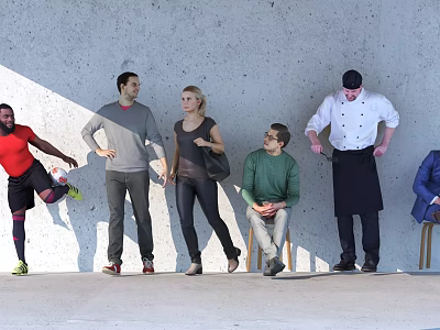 Group of People Standing and Sitting Against Gray Wall With Different Outfits Including Chef Uniform 3d model