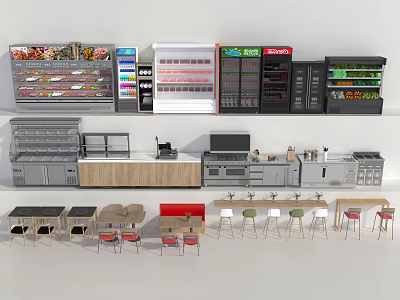 Commercial Refrigerators and Freezers with Display Cases and Shelves in Retail Store Setting 3d model