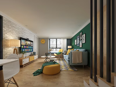 Modern Living Room With Brick Wall Green Accent Wall Gray Sofa And Yellow Decor 3d model