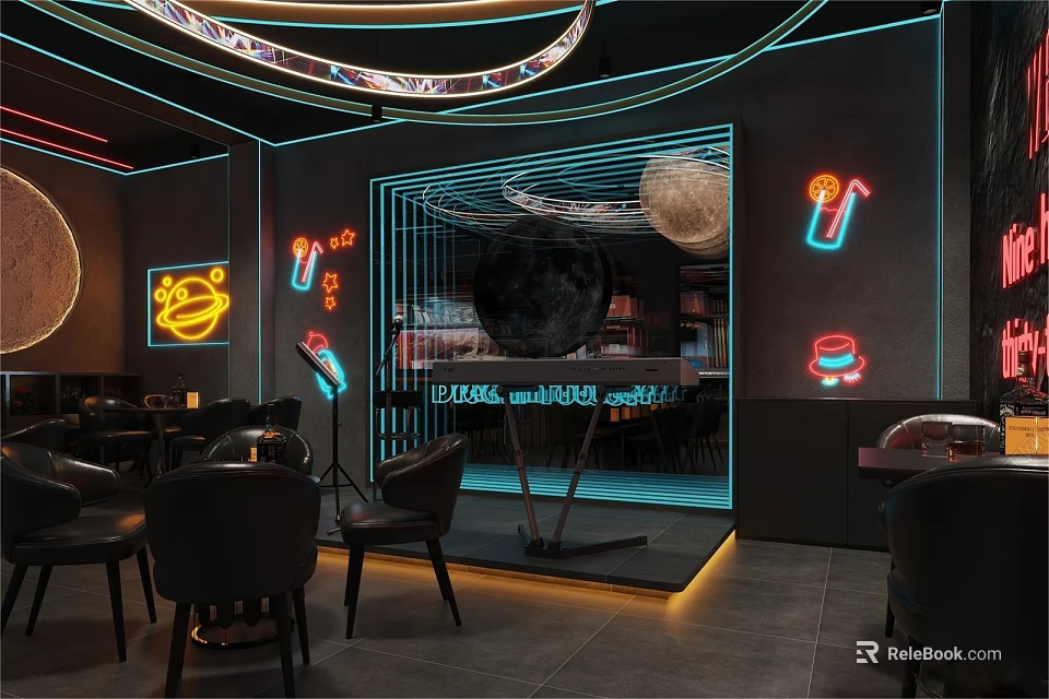 Modern Bar Interior With Neon Lights Bar Counter Seating Area and Decorative Elements 3d model 