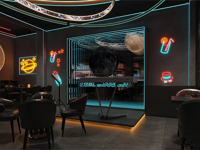Modern Bar Interior With Neon Lights Bar Counter Seating Area and Decorative Elements 3d model