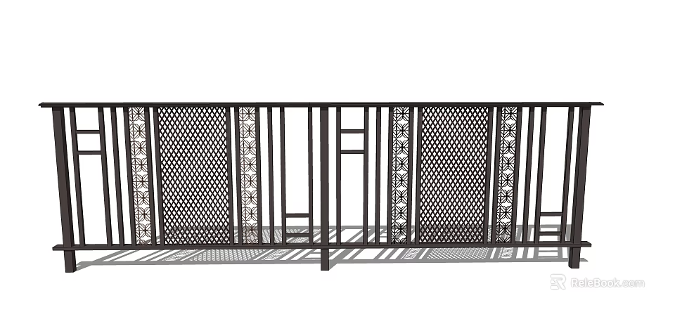 Modern Black Metal Fence with Intricate Grid Pattern and Decorative Railings 3d model 