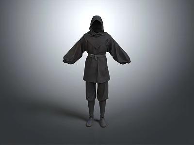 Dark Colored Hooded Robe Outfit With Belt Long Sleeves Trousers And Shoes 3d model