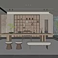 Modern Tea Room Interior Design With Long Wooden Table Stools Bookshelf Wall And Green Plants