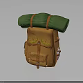 Orange Backpack With Green Rolled Item Yellow Embroidery And Small Pockets