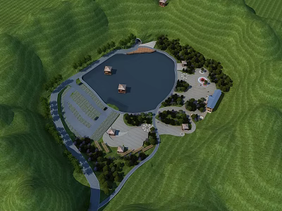 Aerial View Of Planned Lakeside Tourist Resort With Complete Supporting Facilities And Lush Green Hills 3d model