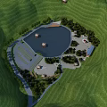 Aerial View Of Planned Lakeside Tourist Resort With Complete Supporting Facilities And Lush Green Hills