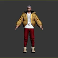 Game Movie Character With Purple Hair Golden Puffer Jacket Red Pants And White Shoes