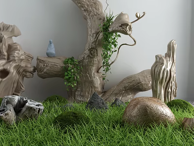 Natural Garden Decor With Tree Trunks Green Ivy Moss Covered Rocks And Grass 3d model