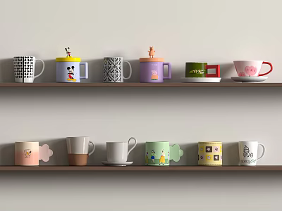 Various Colorful Cups with Diverse Designs Cartoon Patterns Stripes and Solid Colors on Wooden Shelves 3d model