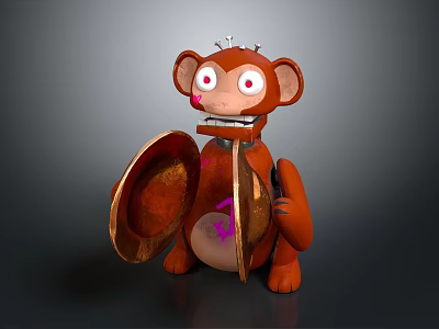 Brown Monkey Doll With Red Cheeks Big Eyes Holding Round Shield And Metal Spikes 3d model