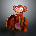 Brown Monkey Doll With Red Cheeks Big Eyes Holding Round Shield And Metal Spikes