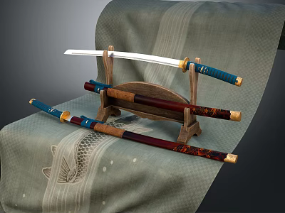Traditional Japanese Katana Displayed On Wooden Stand With Decorative Sheaths And Carp Patterned Fabric 3d model