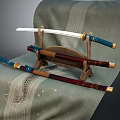 Traditional Japanese Katana Displayed On Wooden Stand With Decorative Sheaths And Carp Patterned Fabric