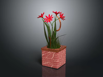 Potted Plant With Red Flowers Green Leaves In Pink Square Textured Pot 3d model