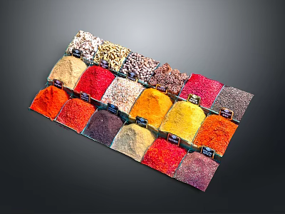 Various Colorful Spices Different Types in Transparent Packages for Kitchen Cooking 3d model