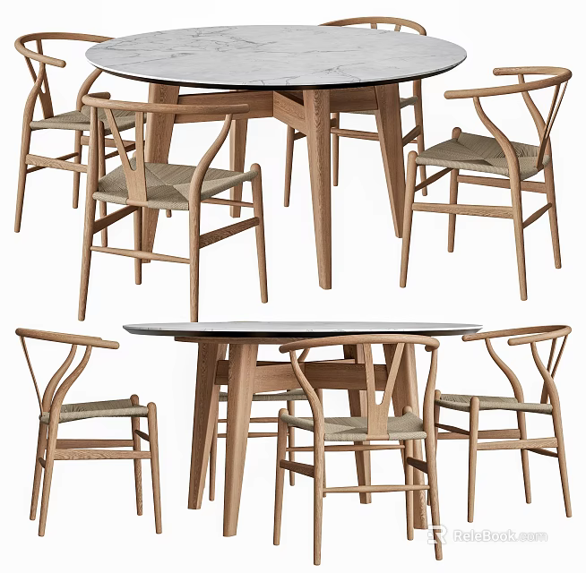 Stylish Wooden Dining Table Set With Marble Top And Comfortable Backrest Chairs 3d model