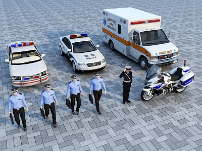 Men In Police Uniforms Walking Near Police Cars Ambulance And Motorcycle 3d model