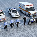 Men In Police Uniforms Walking Near Police Cars Ambulance And Motorcycle