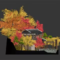 Cartoon Traditional Japanese House Scene With Colorful Autumn Leaves Small Pond And Stone Path