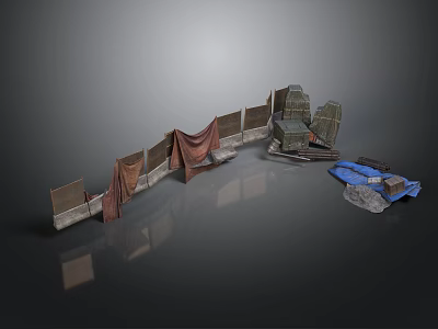 Worn Wall Structures With Draped Cloths And Blue Metal Container Object 3d model