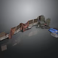 Worn Wall Structures With Draped Cloths And Blue Metal Container Object