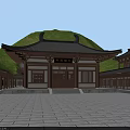 Scenic Ancient Chinese Architecture in Green Hills with Courtyard Layout and Water Features