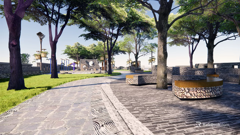 Scenic Park Landscape With Lush Trees Stone Path Street Lamp And Wooden Benches For Relaxation 3d model 