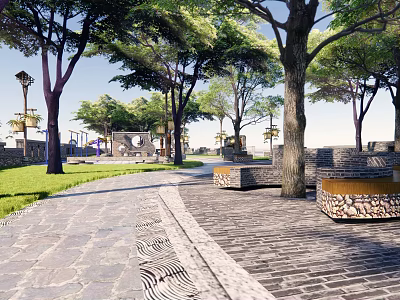 Scenic Park Landscape With Lush Trees Stone Path Street Lamp And Wooden Benches For Relaxation 3d model