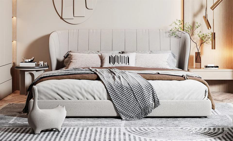 Modern Double Bed With Upholstered Headboard Pillows Checkered Blanket And Cat Ornament 3d model 
