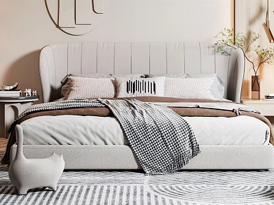 Modern Double Bed With Upholstered Headboard Pillows Checkered Blanket And Cat Ornament 3d model