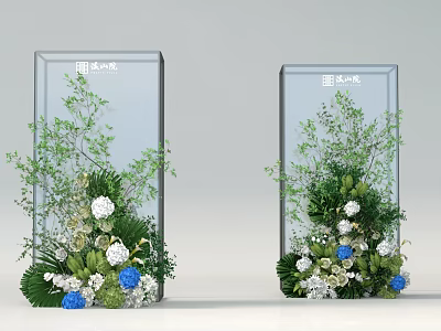 Floral Display Design With Transparent Panels Green Foliage White And Blue Blooms 3d model