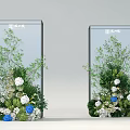 Floral Display Design With Transparent Panels Green Foliage White And Blue Blooms