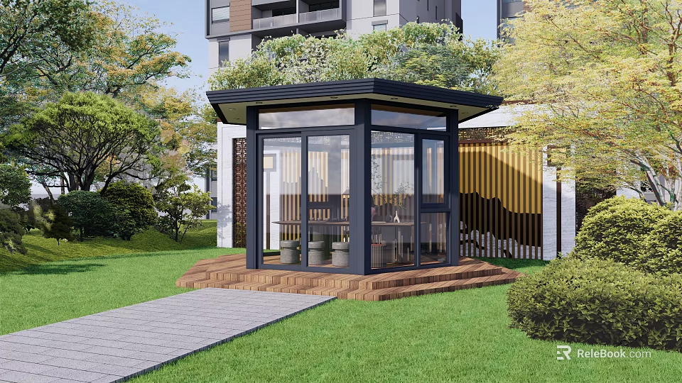 Modern Villa Balcony With Glass Enclosed Sunroom Design And Green Lawn Garden Pathway 3d model 