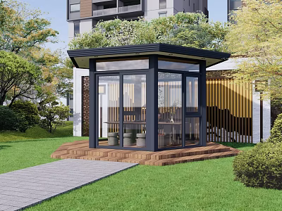 Modern Villa Balcony With Glass Enclosed Sunroom Design And Green Lawn Garden Pathway 3d model