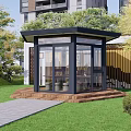 Modern Villa Balcony With Glass Enclosed Sunroom Design And Green Lawn Garden Pathway