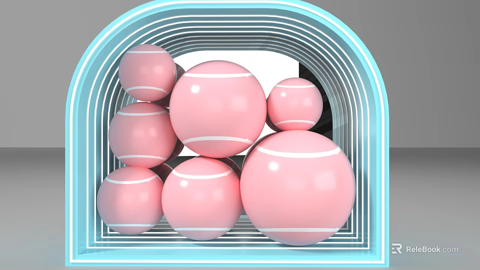 Trendy Photo Check-in Spot Featuring Blue Glowing Archway and Multiple Pink Spheres with White Lines 3d model 