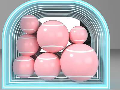 Trendy Photo Check-in Spot Featuring Blue Glowing Archway and Multiple Pink Spheres with White Lines 3d model