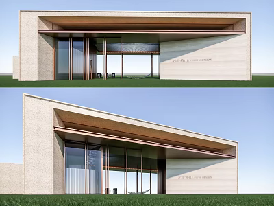 Modern Entrance Gate Design With Glass Panels Stone Wall Overhang And Outdoor Lawn 3d model