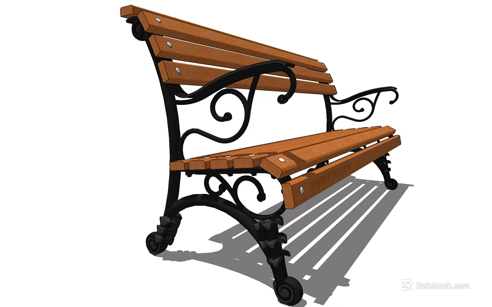 Outdoor Landscape Bench With Wooden Slats And Black Metal Curved Frame 3d model 