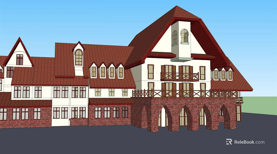 Traditional Detached Villa With Red Brown Roof White Walls And Arched Porch 3d model 