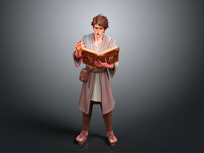 Man In Traditional Robe Reading Decorated Ancient Book With Intricate Design 3d model
