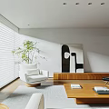 Minimalist Living And Dining Room With Light Sofa Wooden Coffee Table And Gray Rug